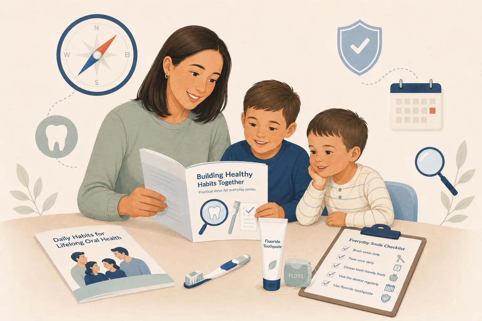 A family reads an Oral Compass oral-health guide together with daily-care supplies nearby.