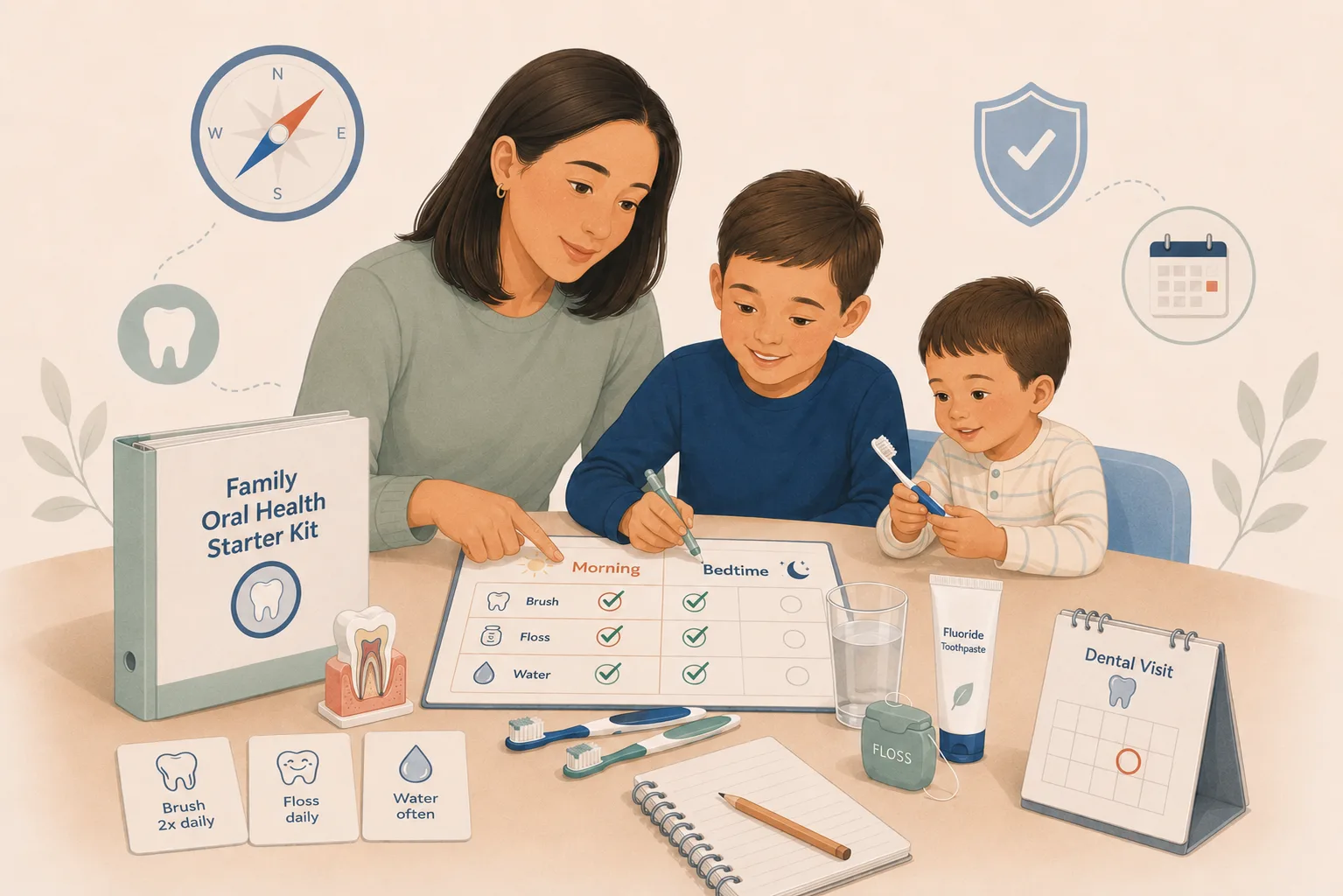 A family gathers in a bright bathroom for a calm oral-health routine, with adults helping children brush their teeth.
