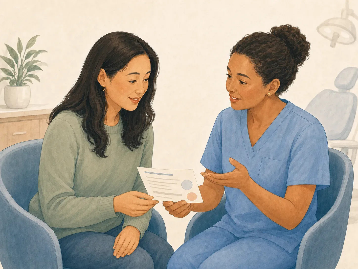 An adult patient and dental professional sit at equal eye level while reviewing a note together.