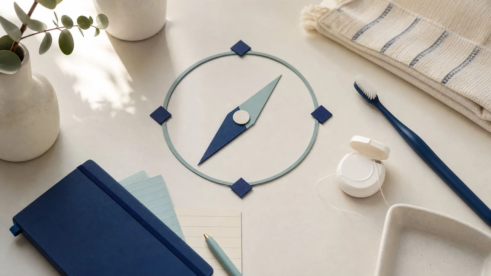 Notes and oral-health basics arranged beside a paper compass.