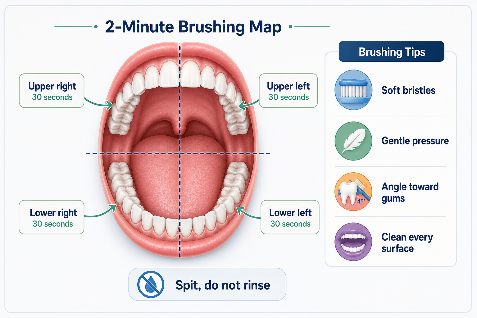 A 2-minute brushing map showing four mouth sections, 30 seconds for each section, brushing tips, and a reminder to spit without rinsing.