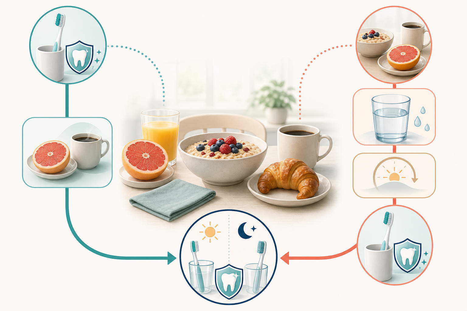 Two balanced morning paths: brushing before an acidic breakfast, or having breakfast first, rinsing with water, allowing time to pass, and brushing later.