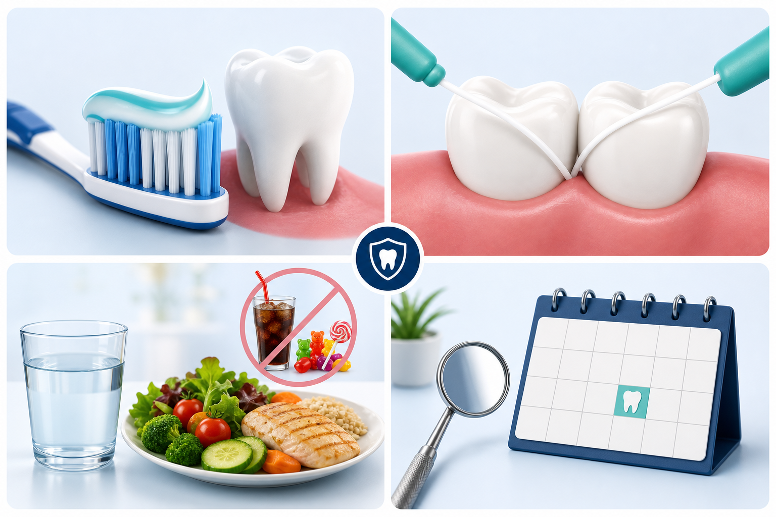 Four-part cavity-prevention graphic showing fluoride toothpaste and brushing, cleaning between teeth, water and a balanced meal instead of frequent sugary snacks, and a personalized dental appointment.