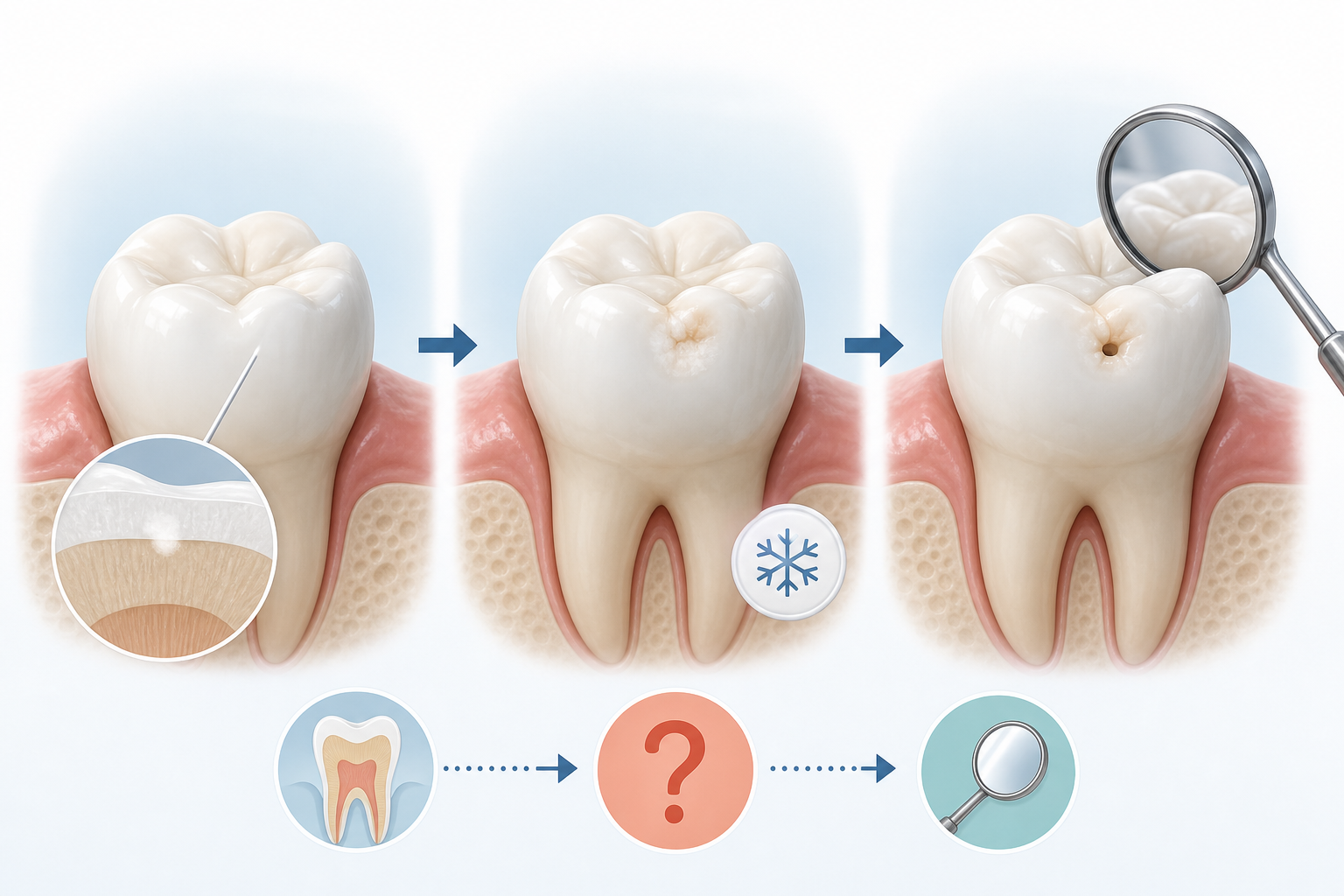 Three-stage illustration showing an early change beneath a tooth's surface, a possible visible spot with cold sensitivity, and a small opening being examined with a dental mirror.