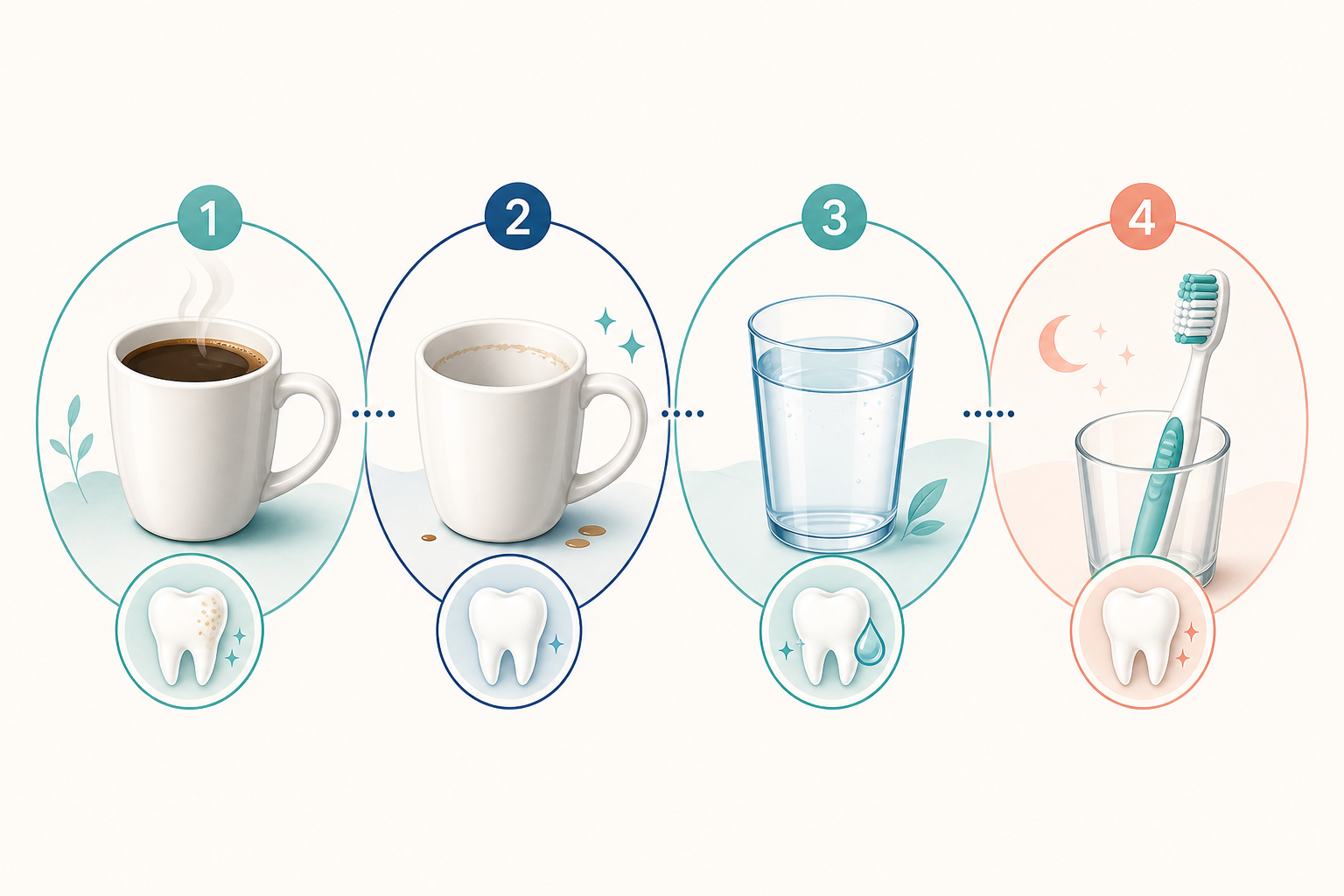 Four-part illustration showing coffee enjoyed in one defined period, the cup finished, plain water afterward, and toothbrushing saved until later.