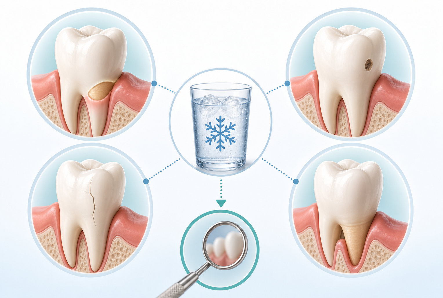 A cold drink connected to four possible categories behind tooth sensitivity: an exposed area near the gumline, a small cavity, a fine crack, and gum recession, followed by a dental mirror.