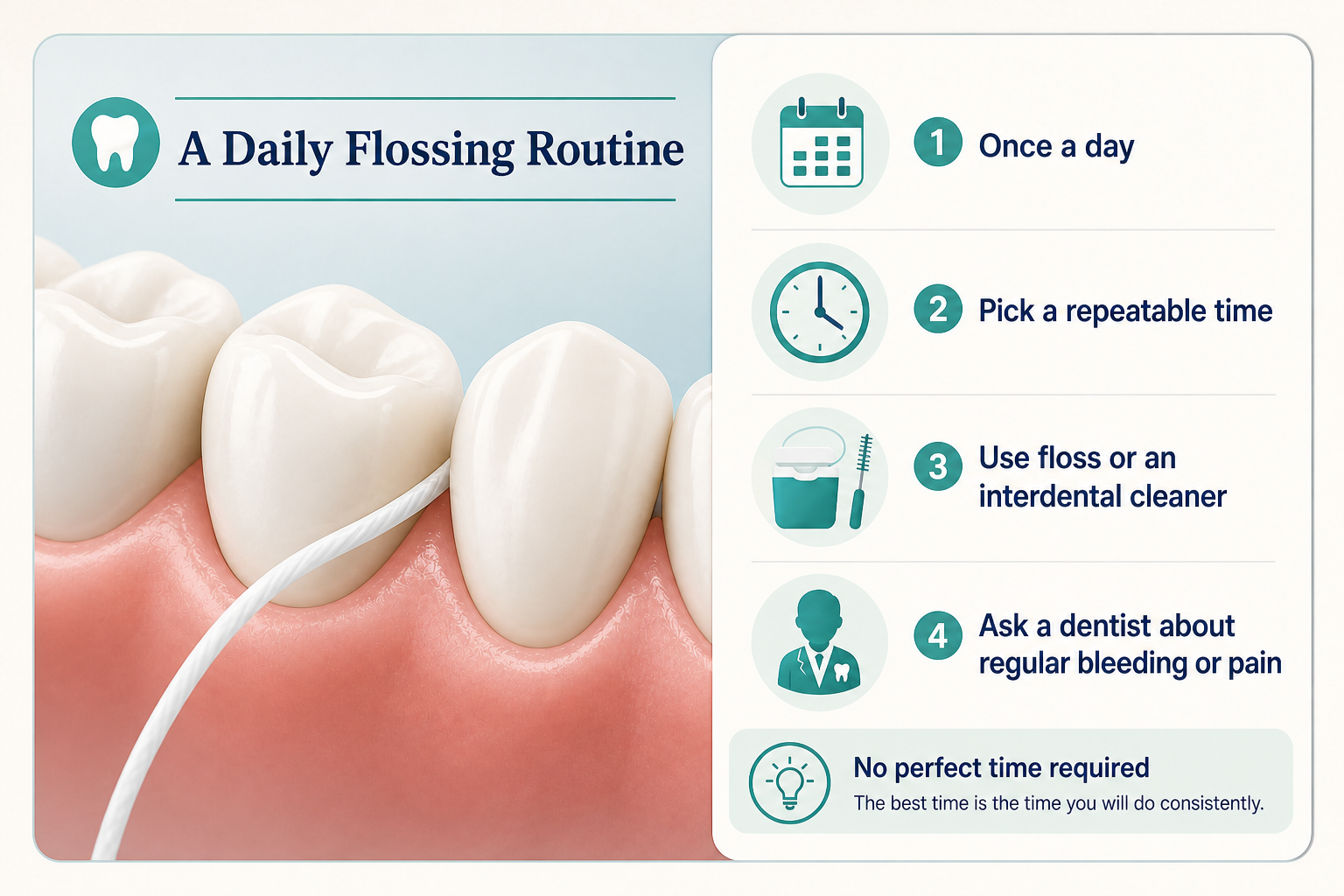 A daily flossing routine graphic showing one daily cleaning, a repeatable time, floss or an interdental cleaner, and dental contact for regular bleeding or pain.