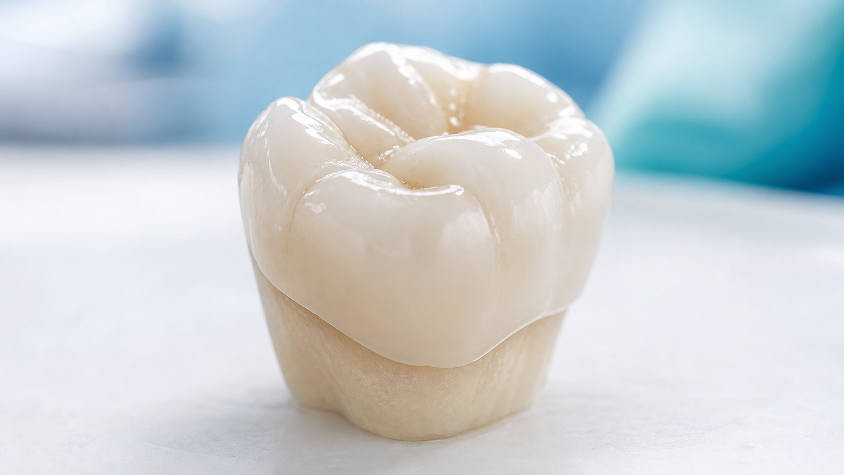 A natural posterior tooth with a smooth tooth-colored full-coverage crown.