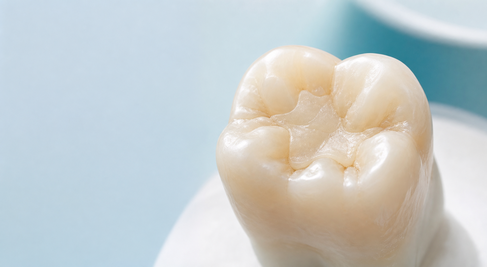A natural posterior tooth with a smooth tooth-colored filling visible on the chewing surface.