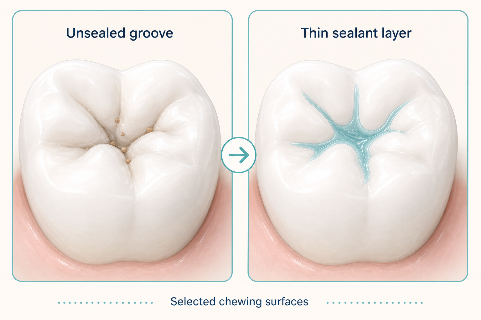 Comparison of an unsealed molar groove that can trap debris and the same chewing-surface groove covered by a thin dental sealant barrier.