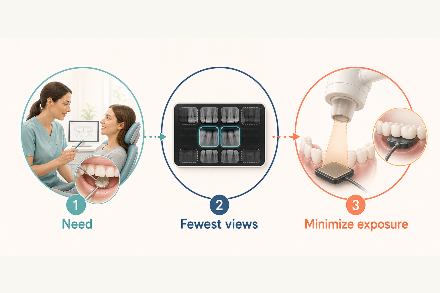 Three-step dental X-ray safety process: justify the image, choose the fewest appropriate views, and minimize exposure while obtaining a diagnostically useful image.