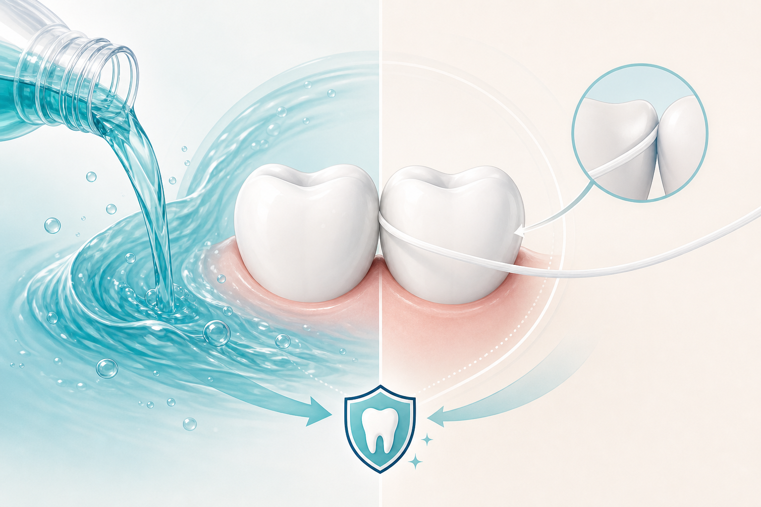 Mouthwash flowing broadly around teeth beside floss wrapping against the contact surfaces between teeth, illustrating two complementary but different actions.