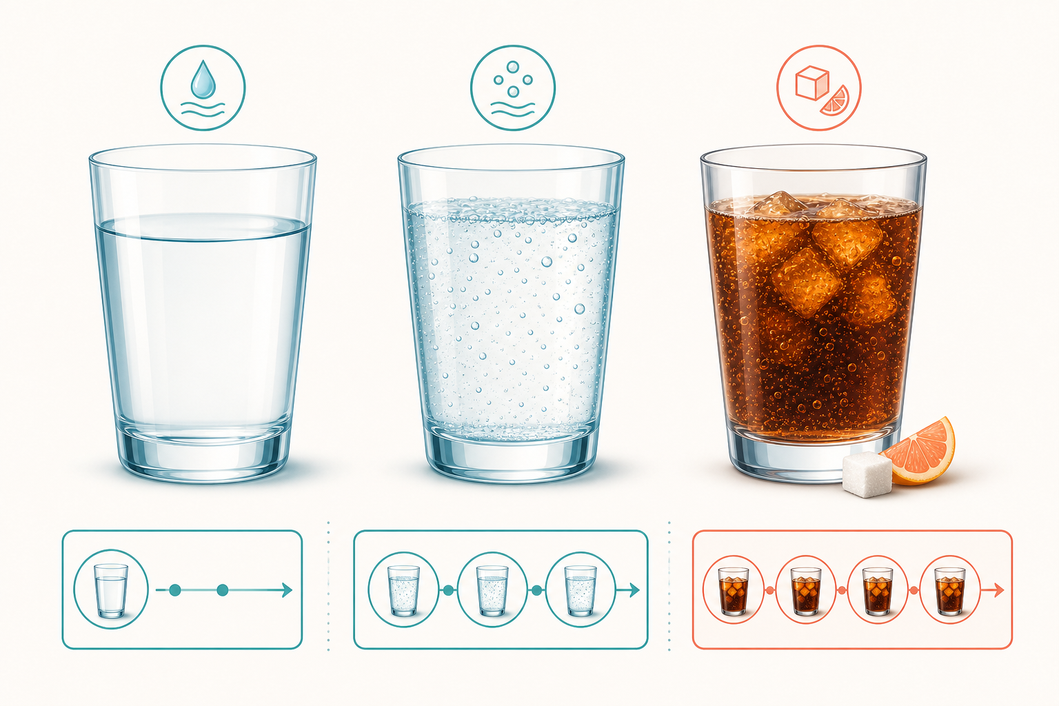 Comparison of still water, plain unsweetened sparkling water, and a sweetened acidic fizzy drink, with repeated drink icons representing frequent sipping.
