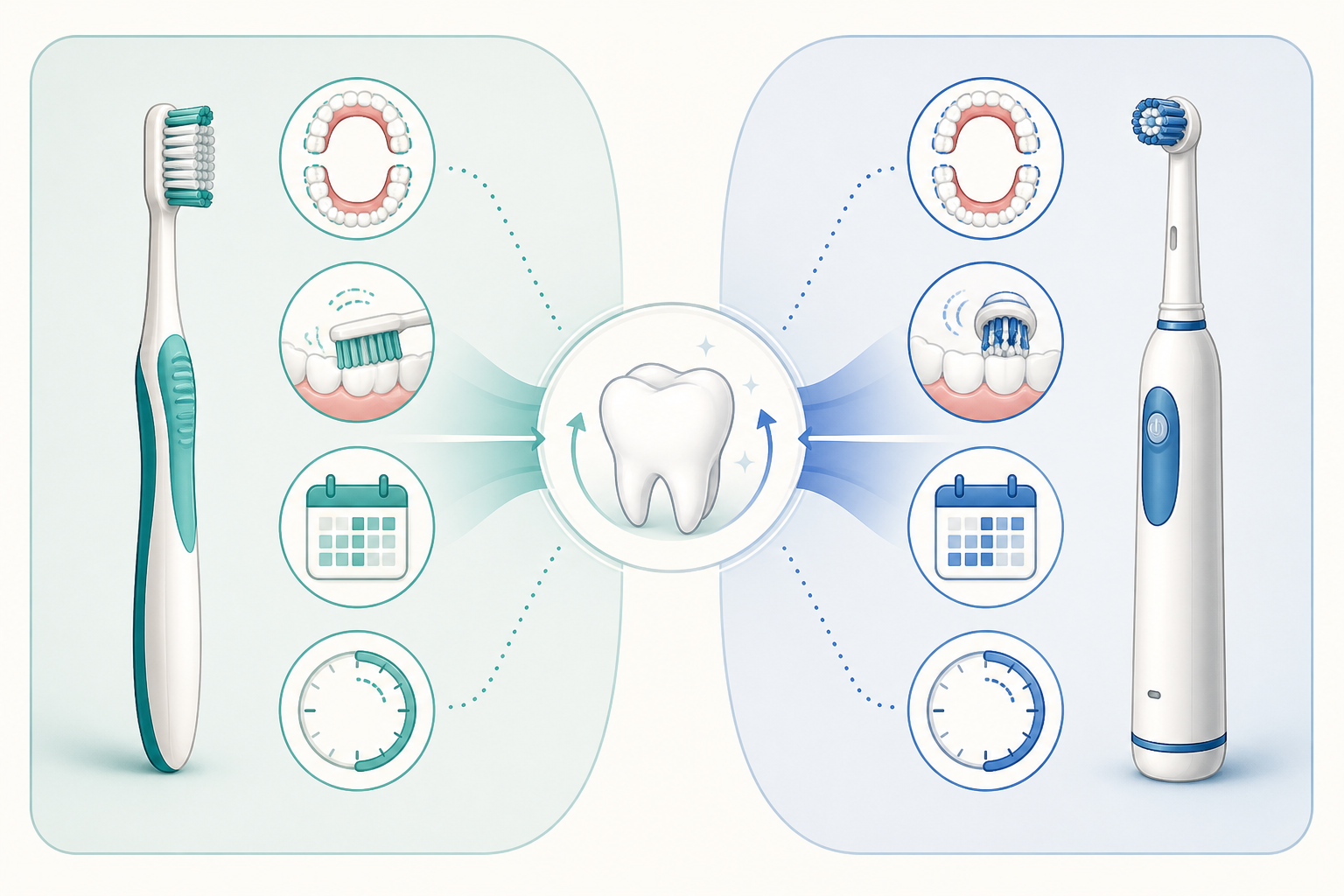 Balanced comparison of a manual toothbrush and an electric toothbrush, shown at equal size and both leading to effective cleaning when every surface is brushed gently and consistently.