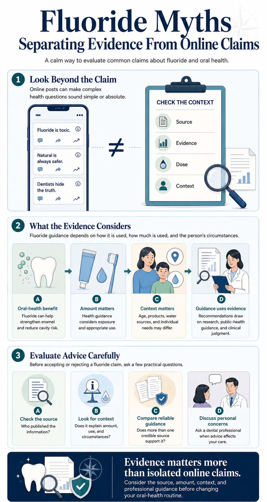 Three-column comparison showing that fluoride toothpaste, community water, and professional care have different purposes and contexts.