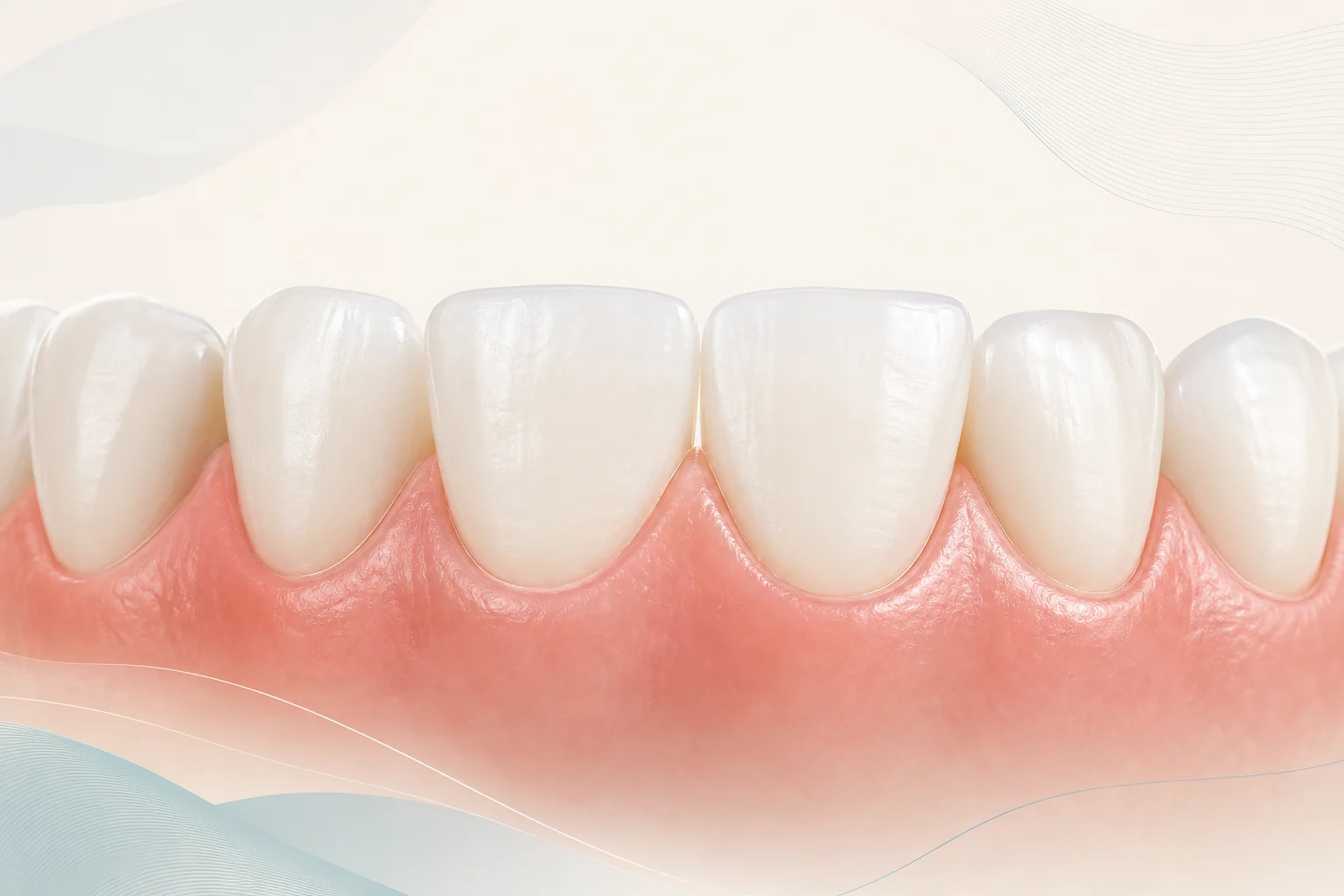 Editorial illustration of clean white teeth with smooth pale coral-pink gums fitting snugly around them.