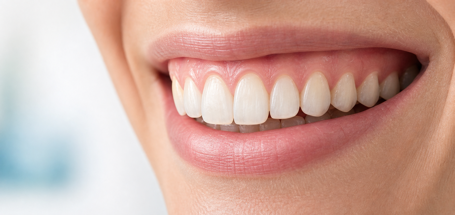 Close-up photograph of a smile showing pink gums that fit closely around the upper front teeth.