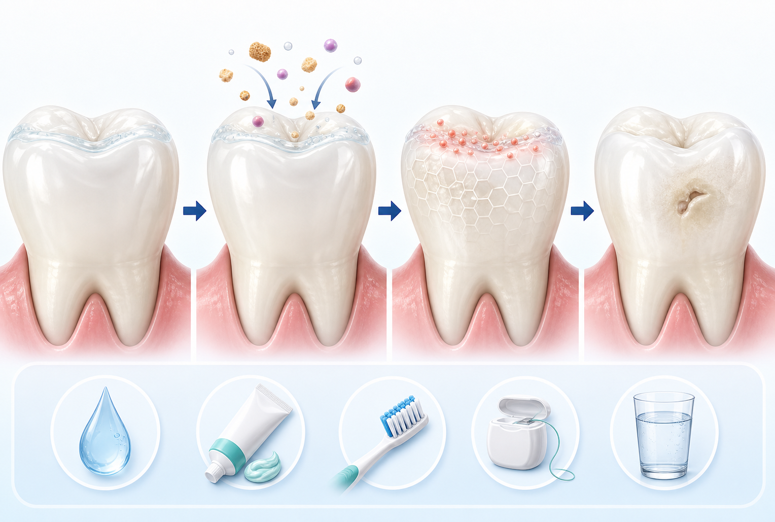 Four-stage illustration showing plaque on a tooth, food particles reaching plaque, acid activity weakening enamel, and a small cavity forming over time, with protective daily-care symbols below.