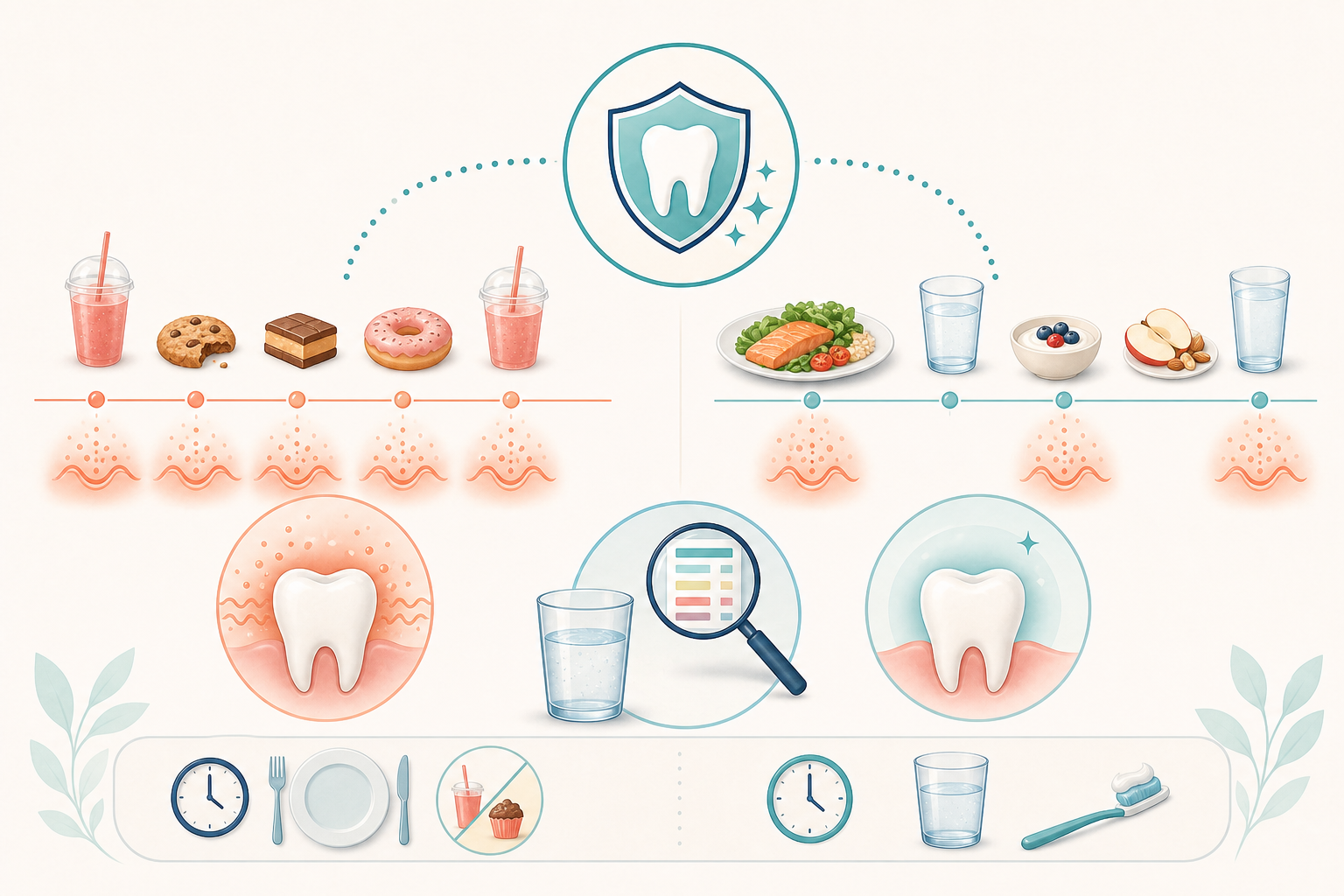 Daily routine comparison showing many scattered sweet food and drink exposures with repeated acid activity, alongside fewer planned eating moments, water, and label checking.