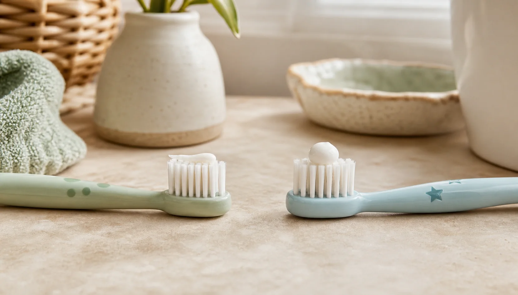 Comparison showing a rice-size toothpaste smear for children under 3 and a pea-size amount for children ages 3 to 6.