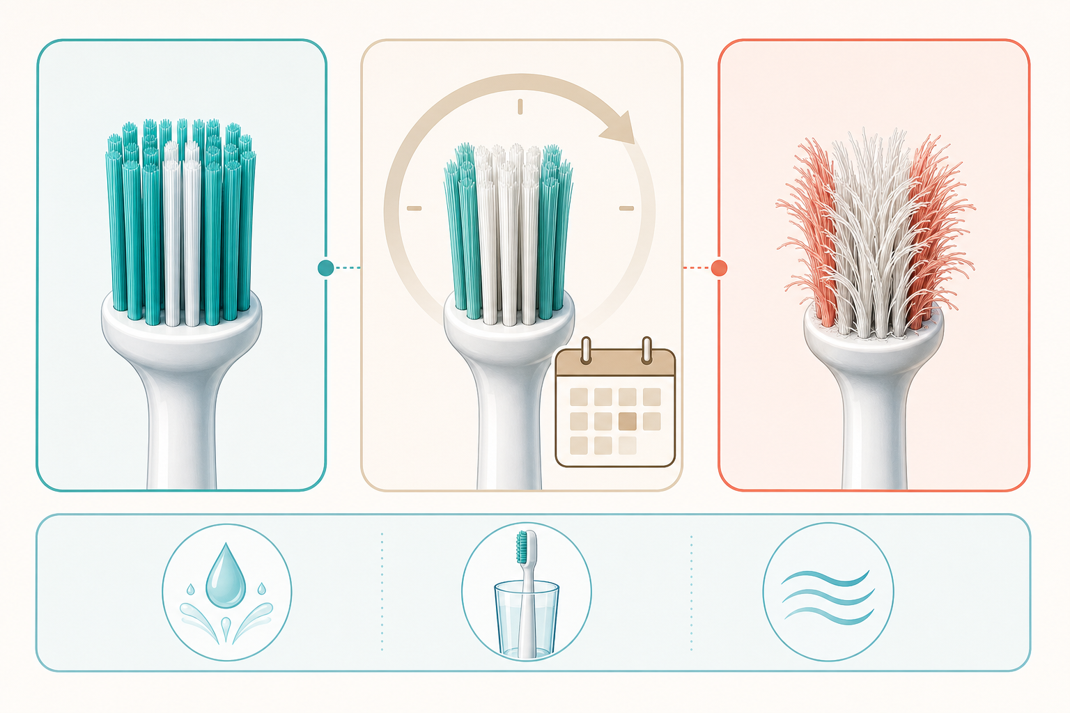 Replacement guide showing straight bristles, a three-to-four-month reminder, visibly splayed and frayed bristles that should be replaced sooner, and rinse, upright-storage, and air-dry care cues.