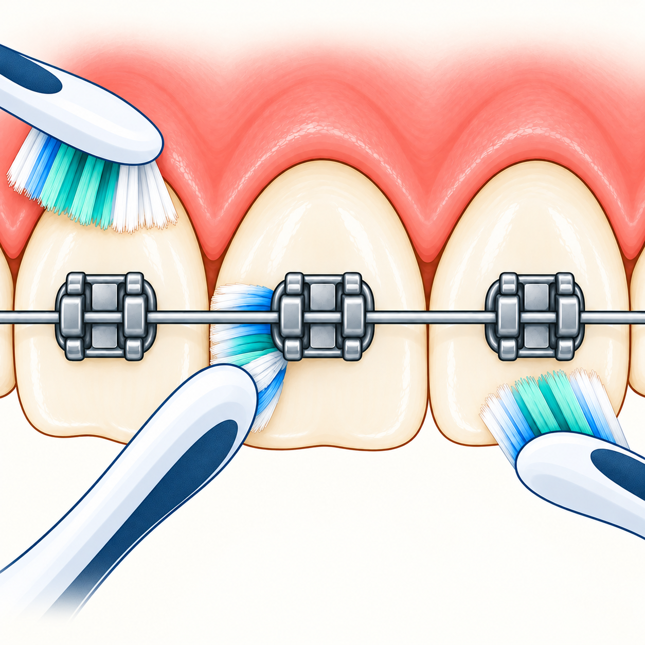 A representative upper-tooth segment with fixed brackets shows three toothbrush positions: near the gumline, beside the bracket and archwire, and on the tooth surface toward the biting edge.