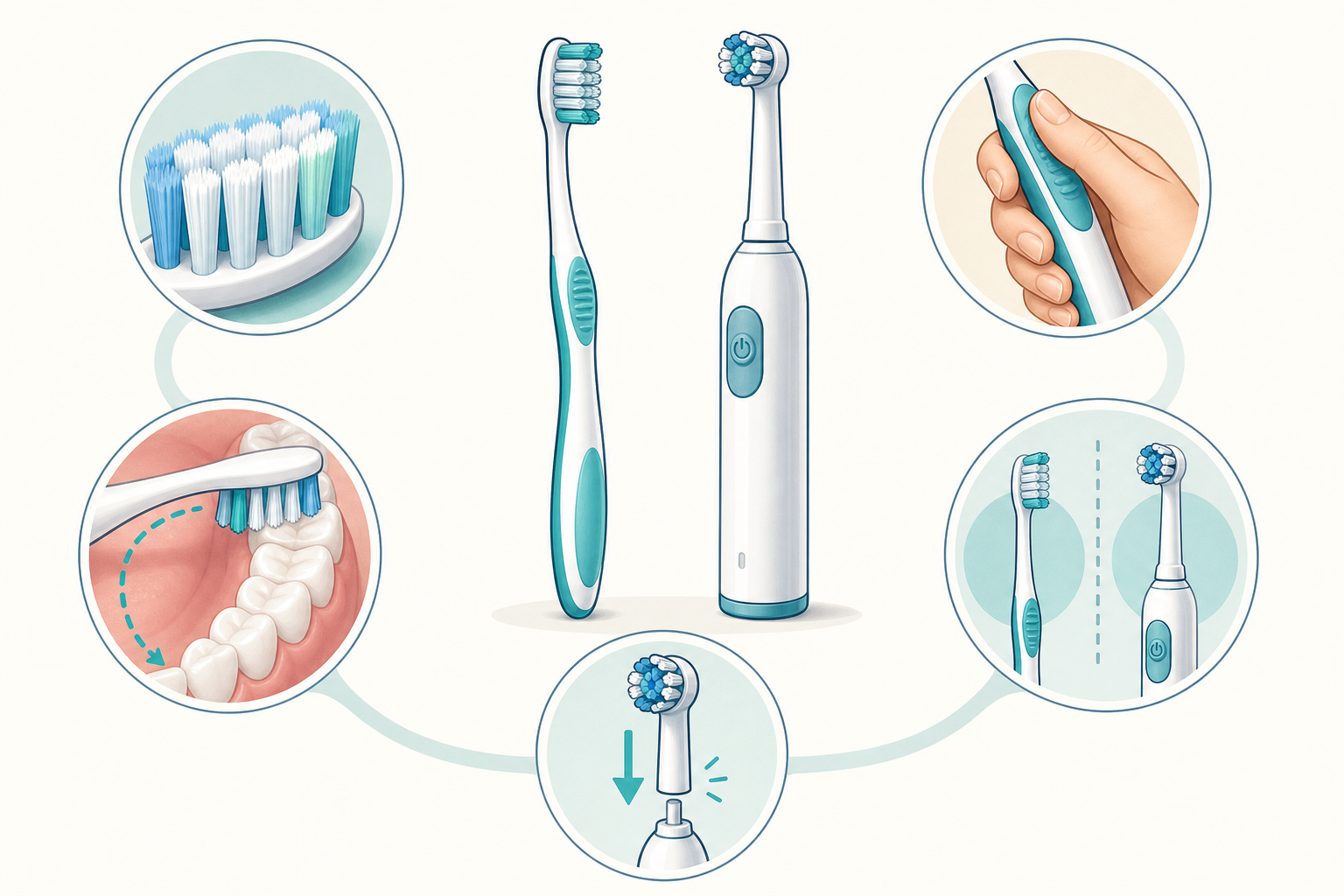 Five-point toothbrush selection guide showing soft bristles, a compact head for comfortable reach, a controllable handle, equally weighted manual and powered options, and an easy-to-replace brush or head.