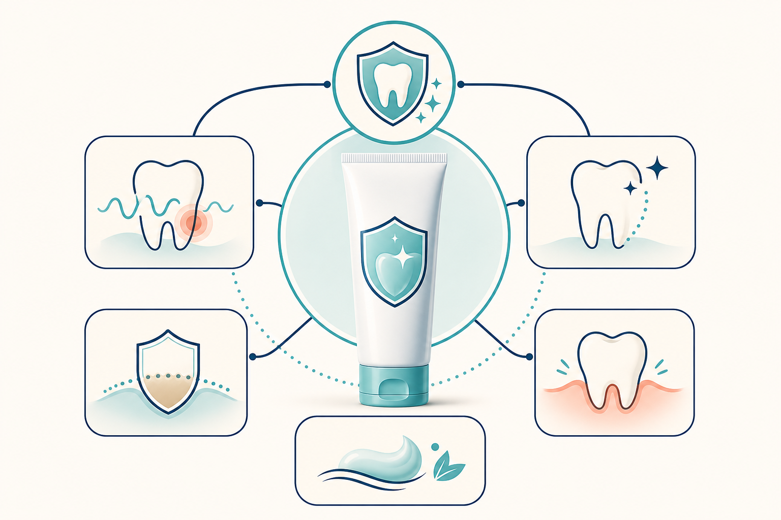 Toothpaste selection framework showing fluoride cavity protection as the starting point, then separate added-need cues for sensitivity, surface stains, new tartar buildup, gum-health support, and everyday comfort.