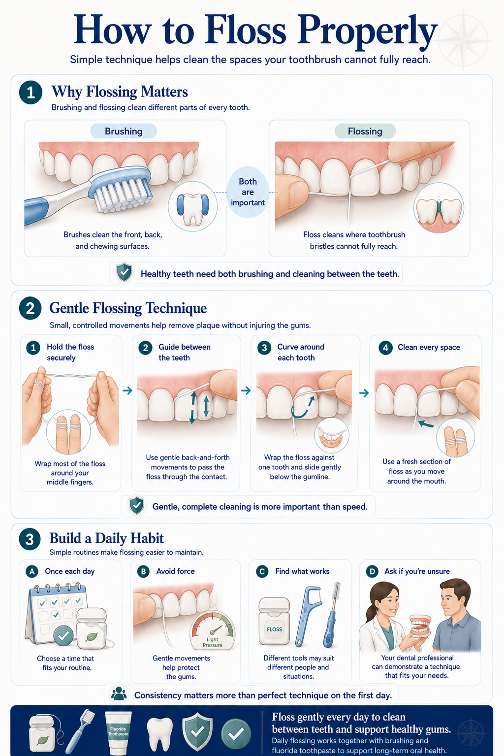 Editorial guide comparing brushing and flossing, showing four gentle flossing steps, and recommending a once-daily routine with light pressure and professional guidance.