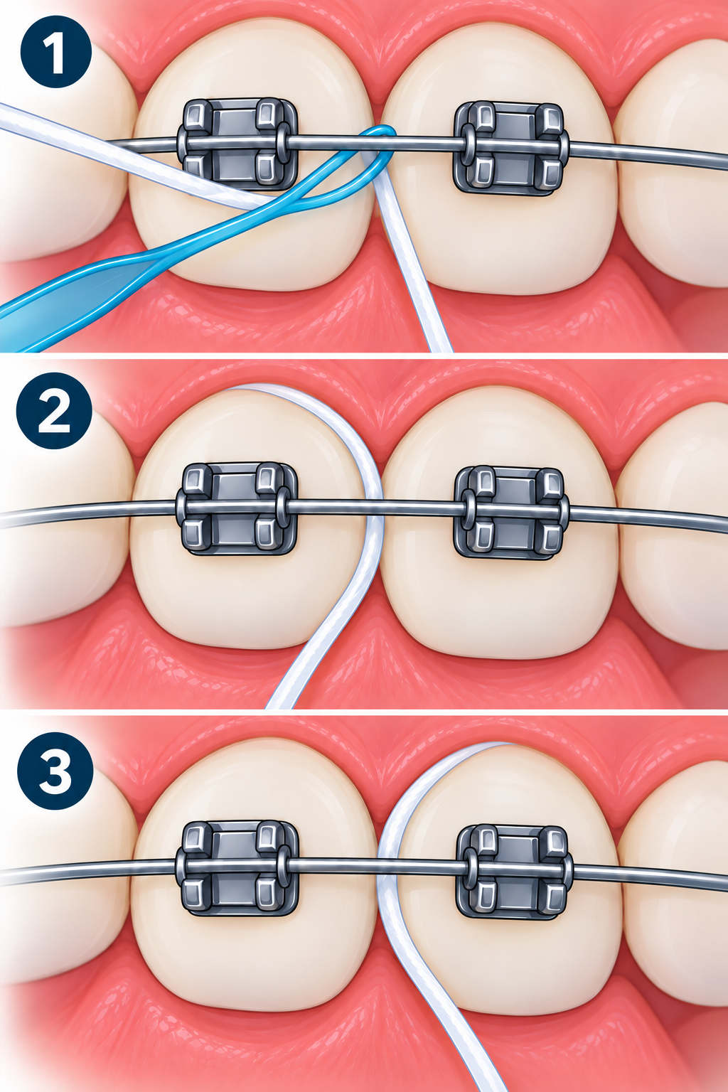 Three close-up stages show a floss threader carrying floss behind a fixed archwire, then floss curving around one tooth surface and the neighboring surface before being eased out without pulling on the braces.