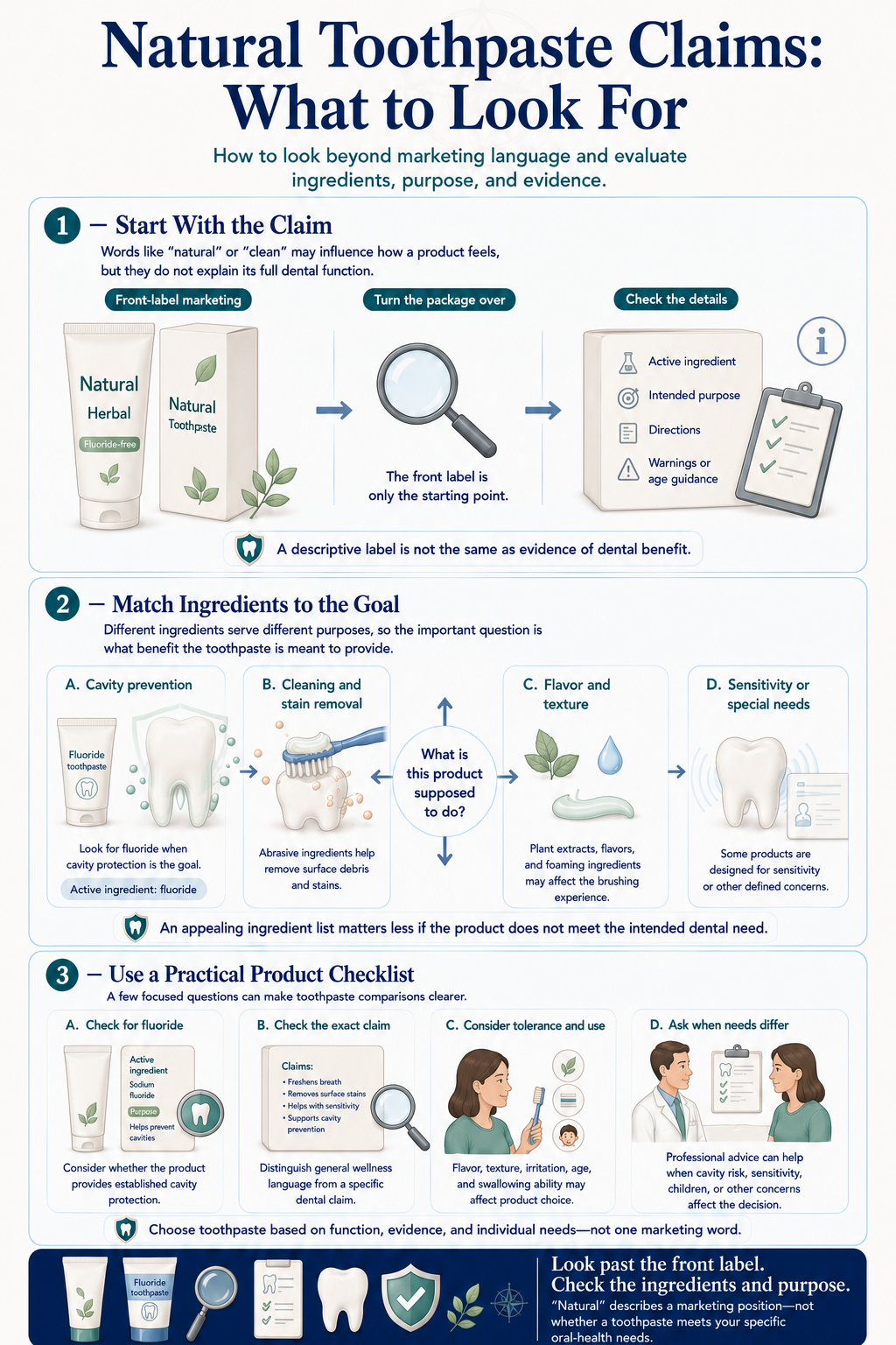Portrait guide showing how to evaluate natural toothpaste claims by checking the claim, matching ingredients to the goal, and using a practical product checklist.