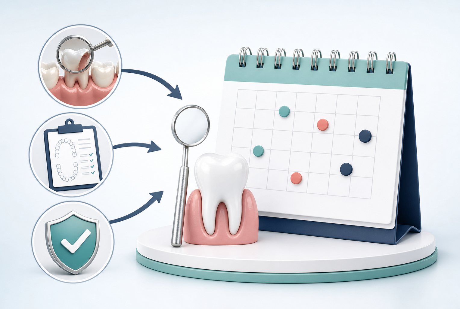 An oral-health examination, dental history chart, and risk indicator leading to a calendar with differently spaced appointment markers.
