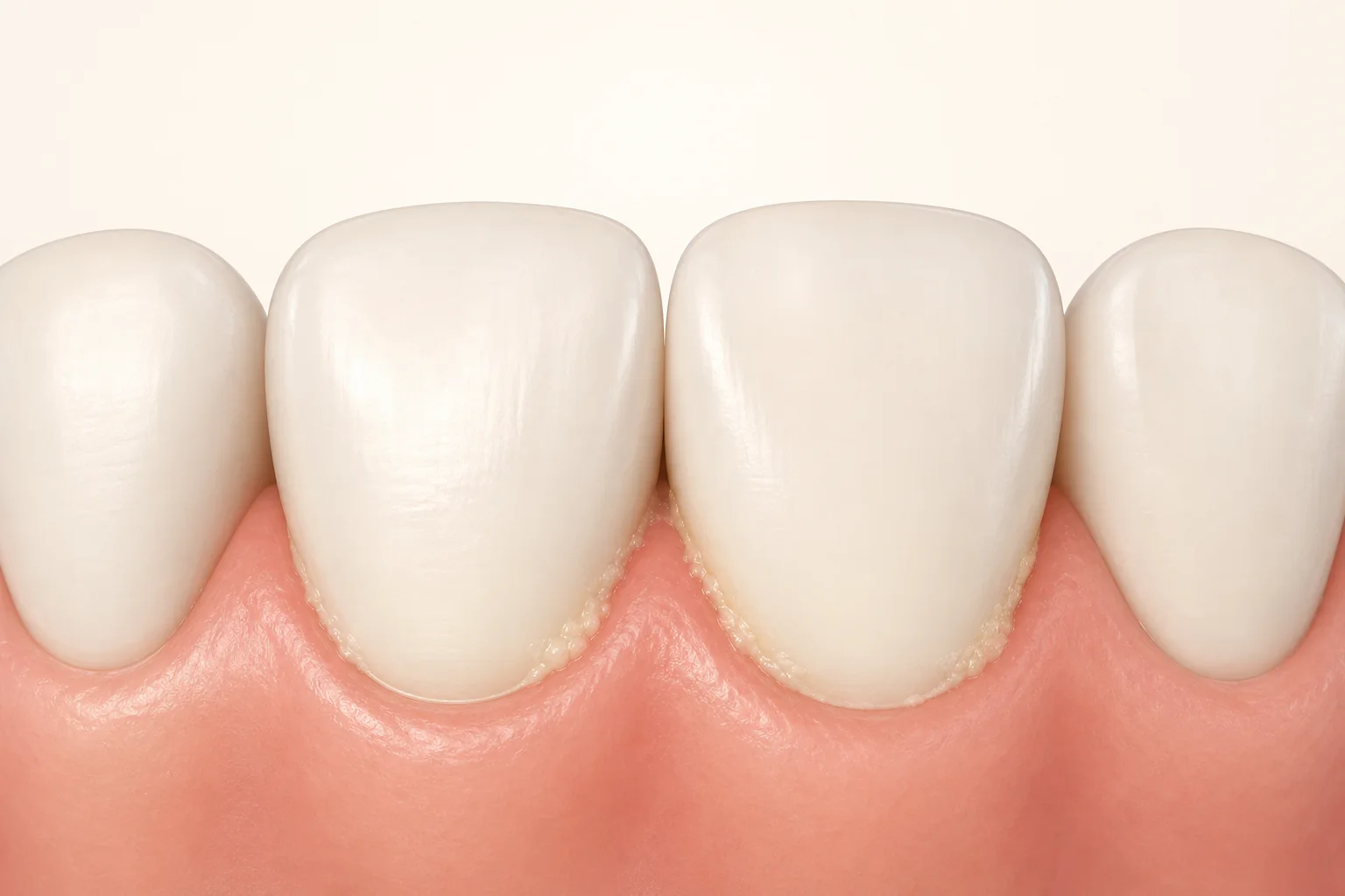 Close-up illustration of clean front teeth with a thin cream-colored plaque film concentrated along the gumline.
