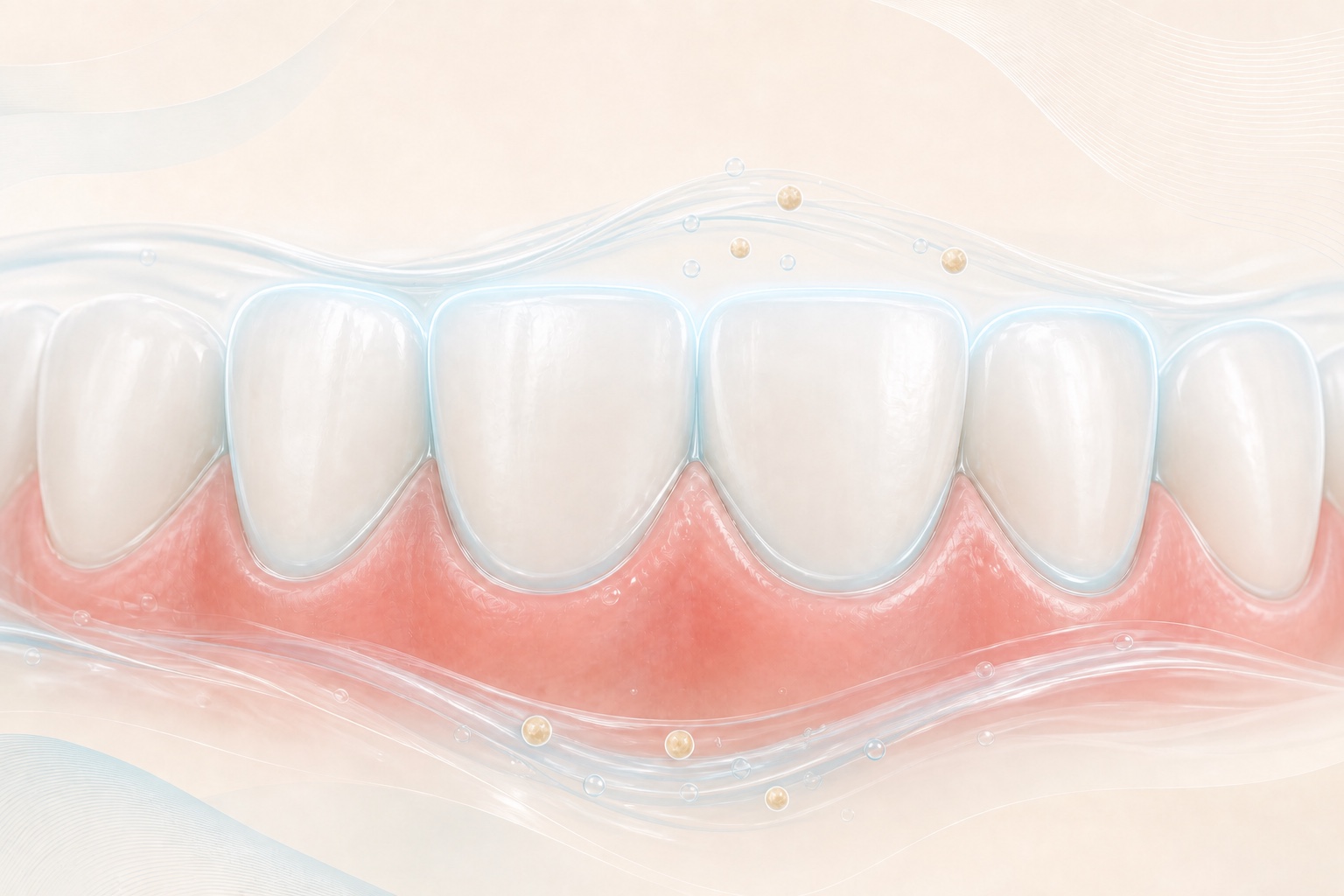 Illustration of healthy teeth and pink gums surrounded by a clear saliva layer, with gentle flow carrying small particles away from tooth surfaces.