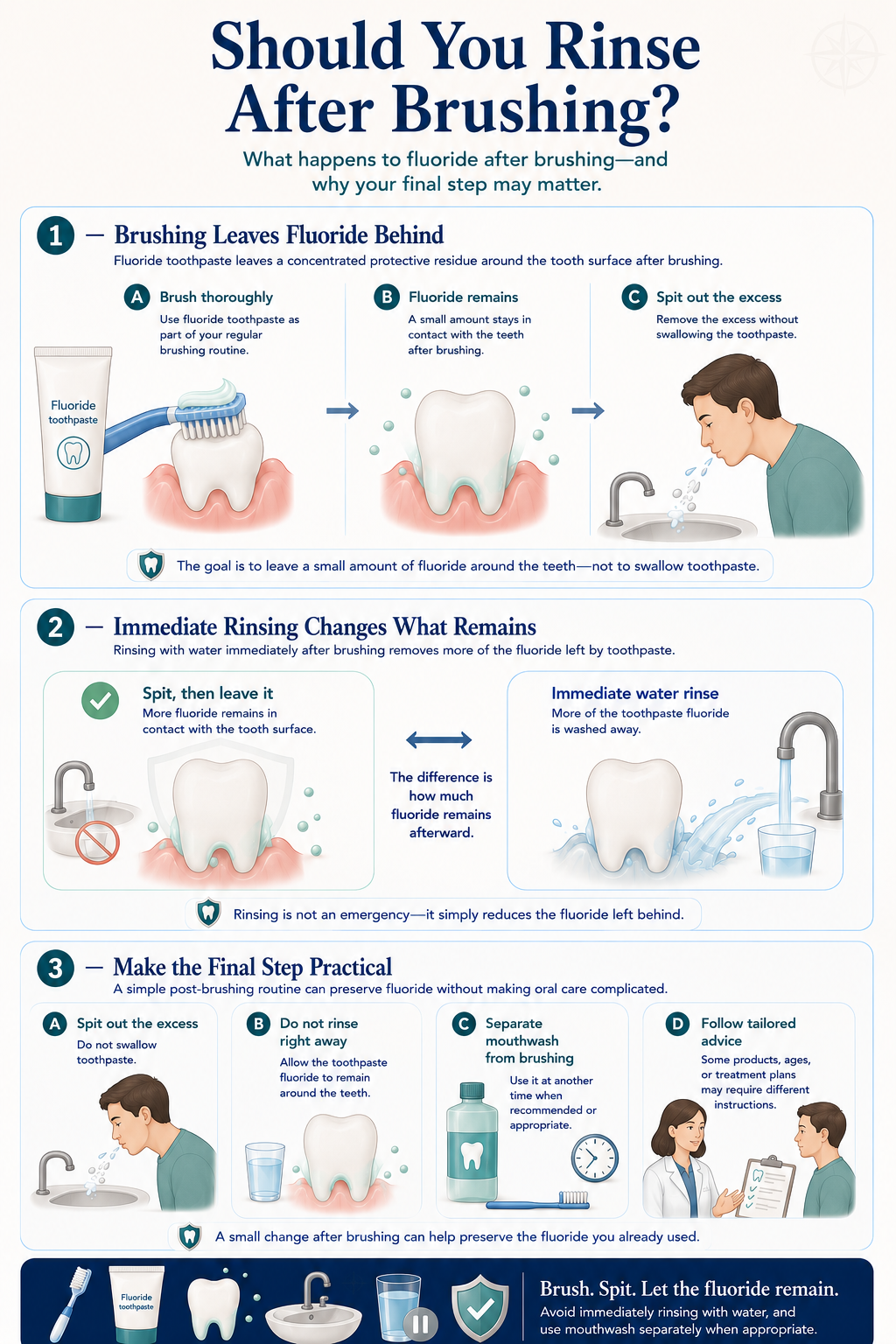 Portrait guide explaining how fluoride remains after brushing, how an immediate water rinse removes more of it, and practical steps for spitting without rinsing right away.