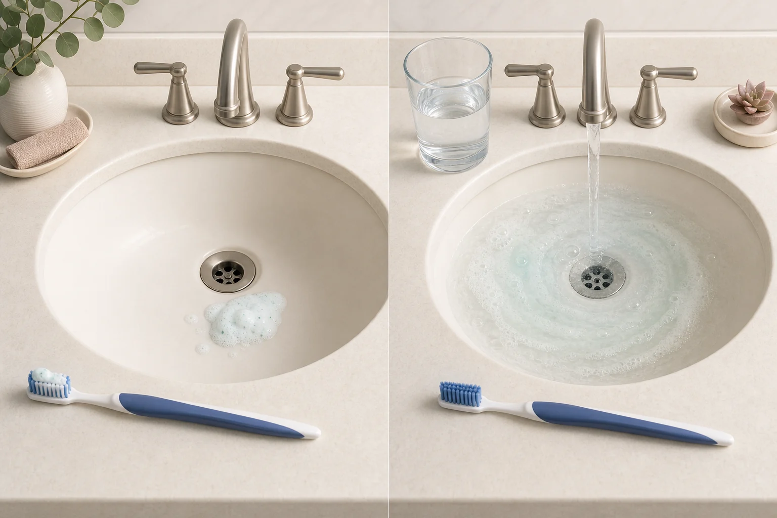 Side-by-side bathroom sinks showing toothpaste foam spat into a dry basin and the foam diluted by running water during an immediate rinse.