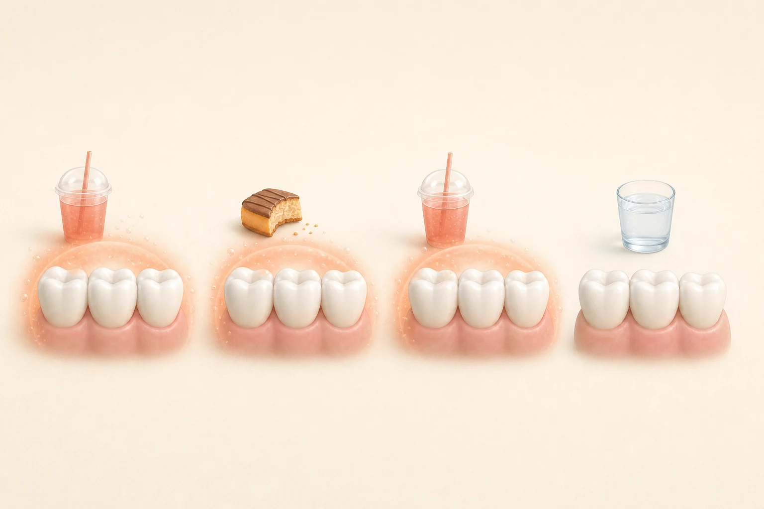 Four repeated views of healthy teeth beside sweet drinks and a snack, each surrounded by a soft acid-challenge halo, followed by teeth beside water without the halo.