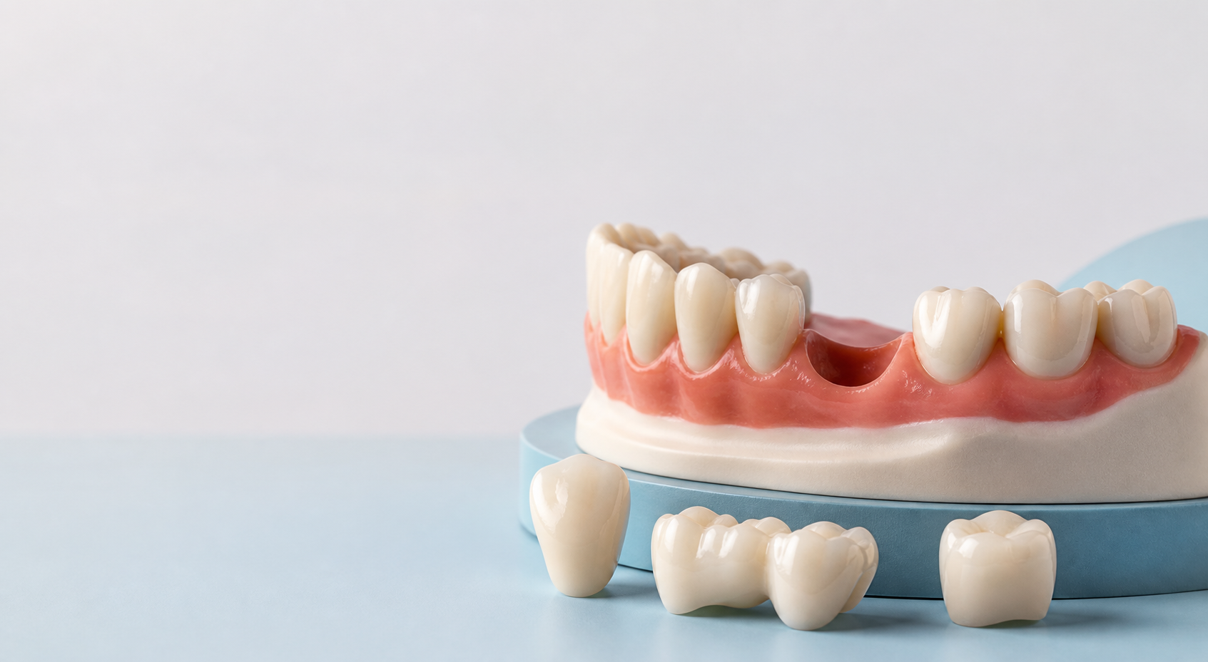A dental model showing a missing-tooth space with tooth replacement options nearby.
