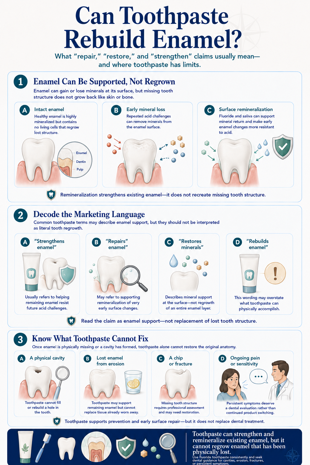 Portrait guide explaining that toothpaste can support remineralization of existing enamel and prevention, but cannot regrow lost enamel, fill a cavity, or repair cracks and chips.