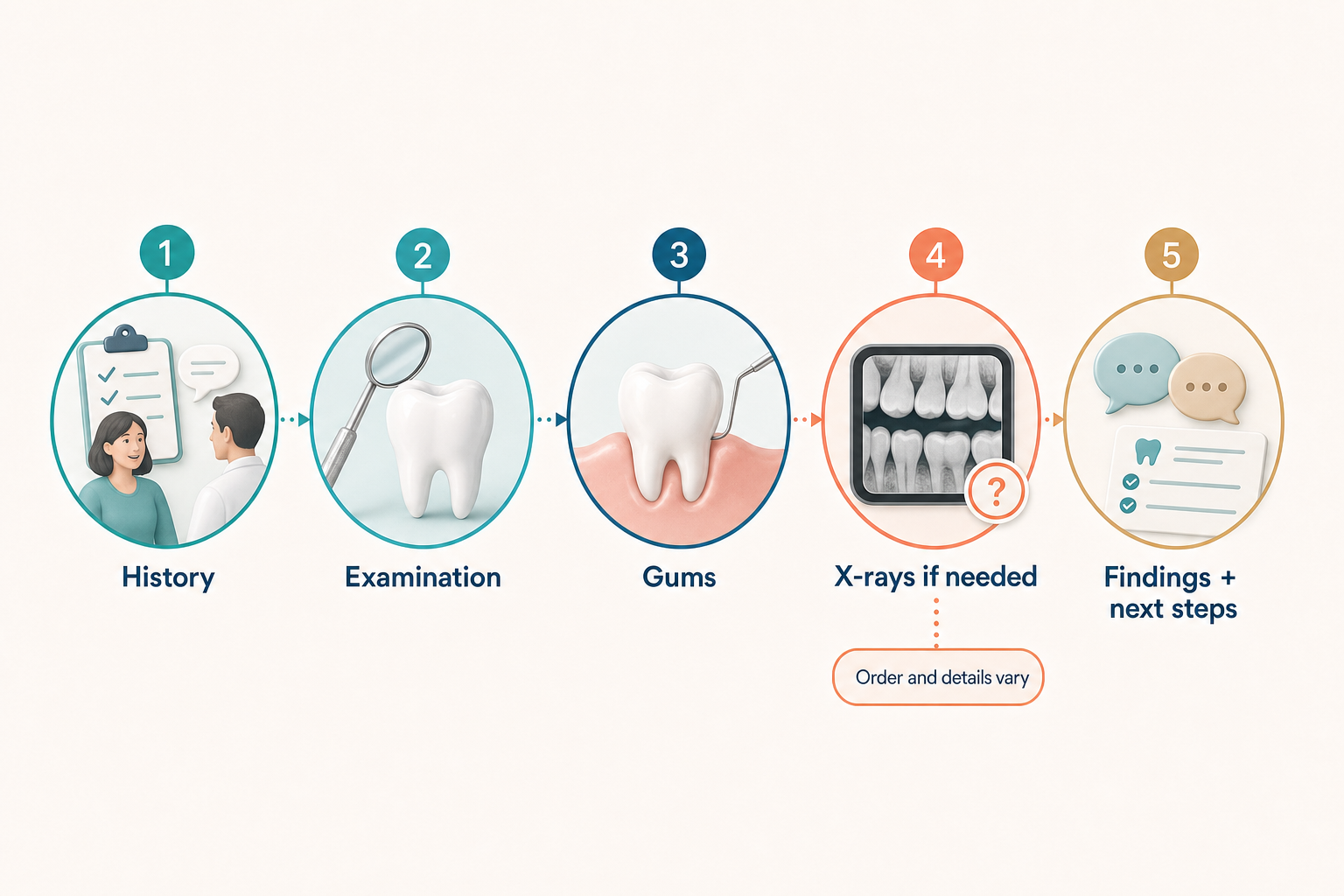 Five common parts of a dental checkup: health-history update, oral examination, gum assessment, X-rays when appropriate, and a discussion of findings and questions.