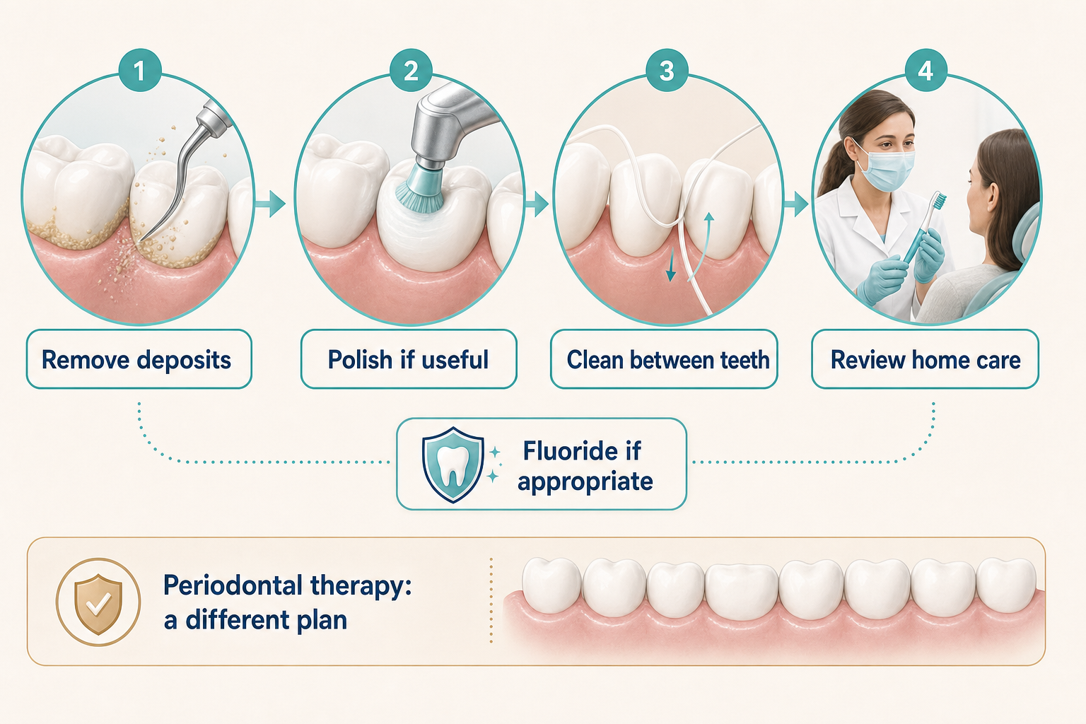 Routine dental cleaning sequence showing plaque and tartar removal, optional polishing, cleaning between teeth, home-care review, and fluoride when appropriate, with periodontal therapy identified as different care.