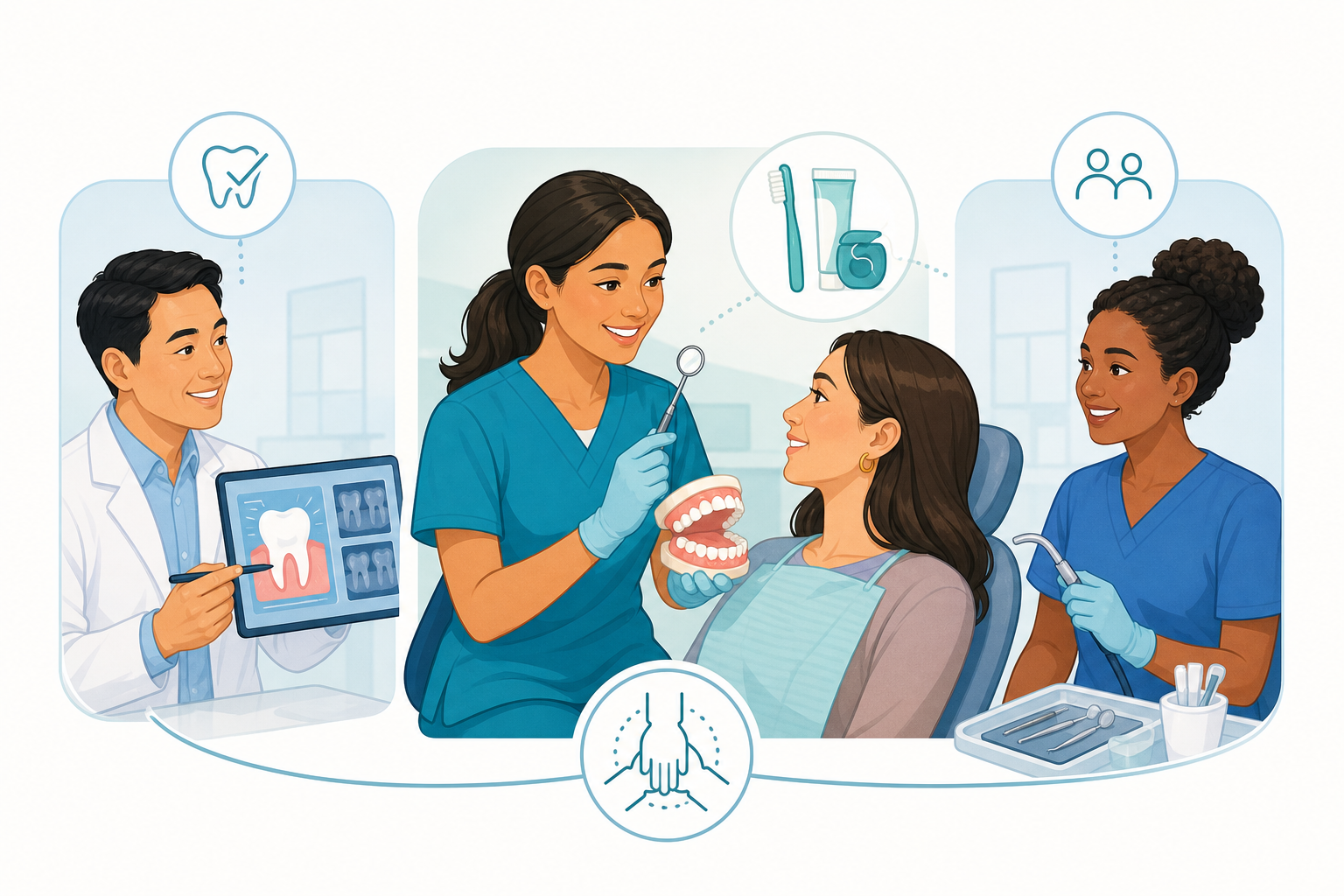 Comparison of three collaborating dental-team roles: hygienists focus on preventive assessment and care, dentists on diagnosis and treatment, and dental assistants on chairside and practice support; exact duties vary.