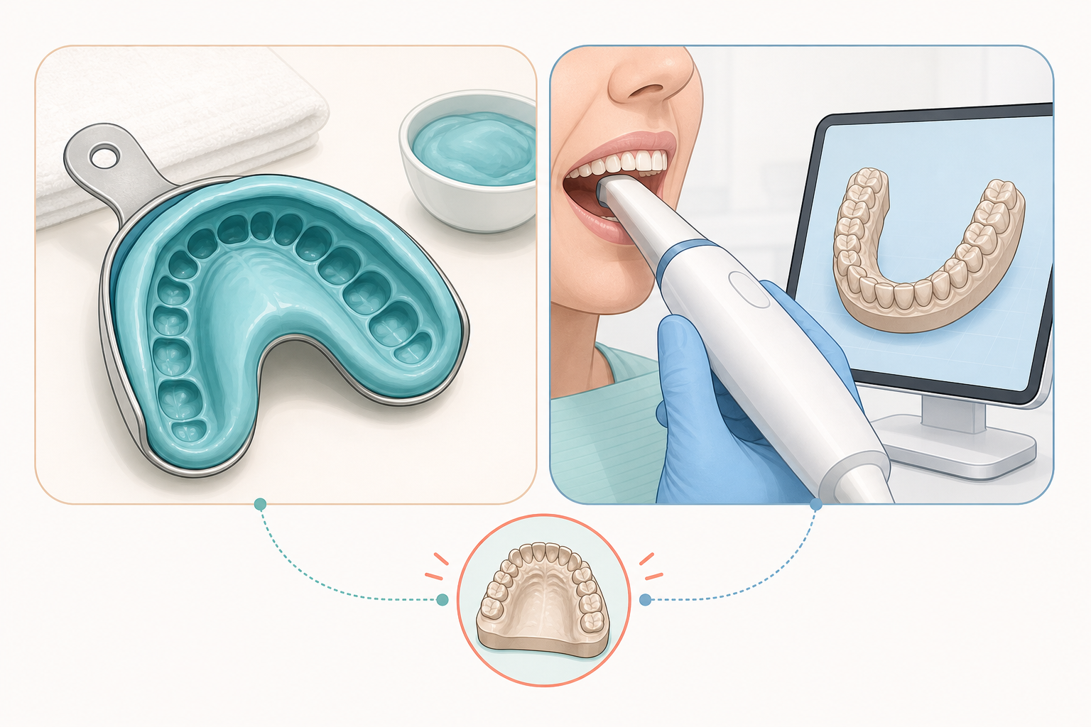 Side-by-side comparison: a traditional dental impression uses material in a tray, while an intraoral scanner uses optical images to build a three-dimensional surface model.