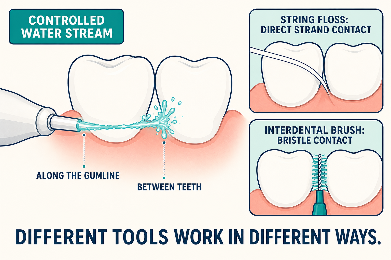 A water flosser tip directs a controlled stream along the gumline and between teeth, beside insets showing string floss making strand contact and an interdental brush making bristle contact.