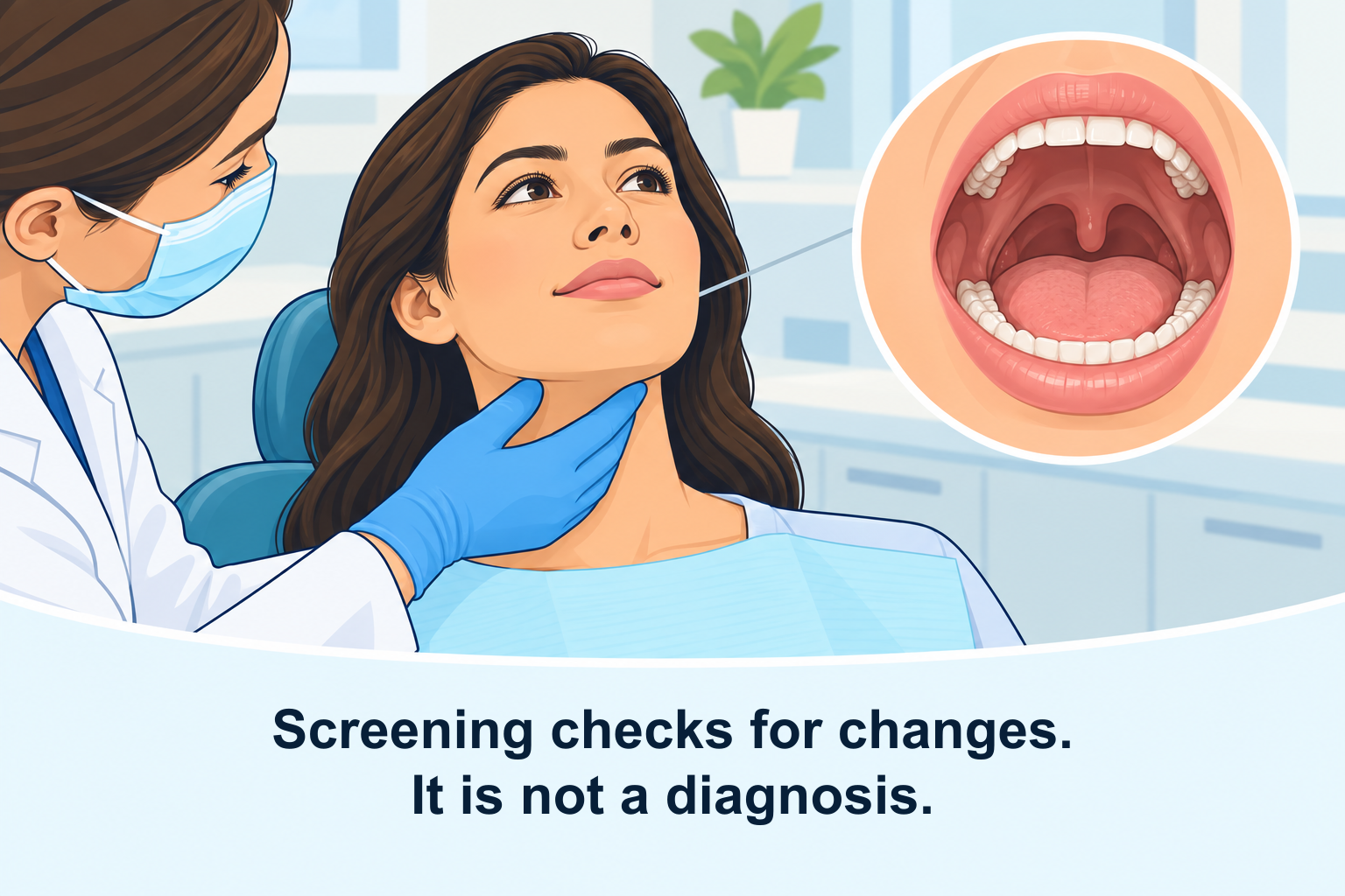 A calm simplified view of an adult’s face, open mouth, jaw, and neck. It shows areas a dental professional may inspect or feel during oral cancer screening, without showing any lesions or diagnosis.