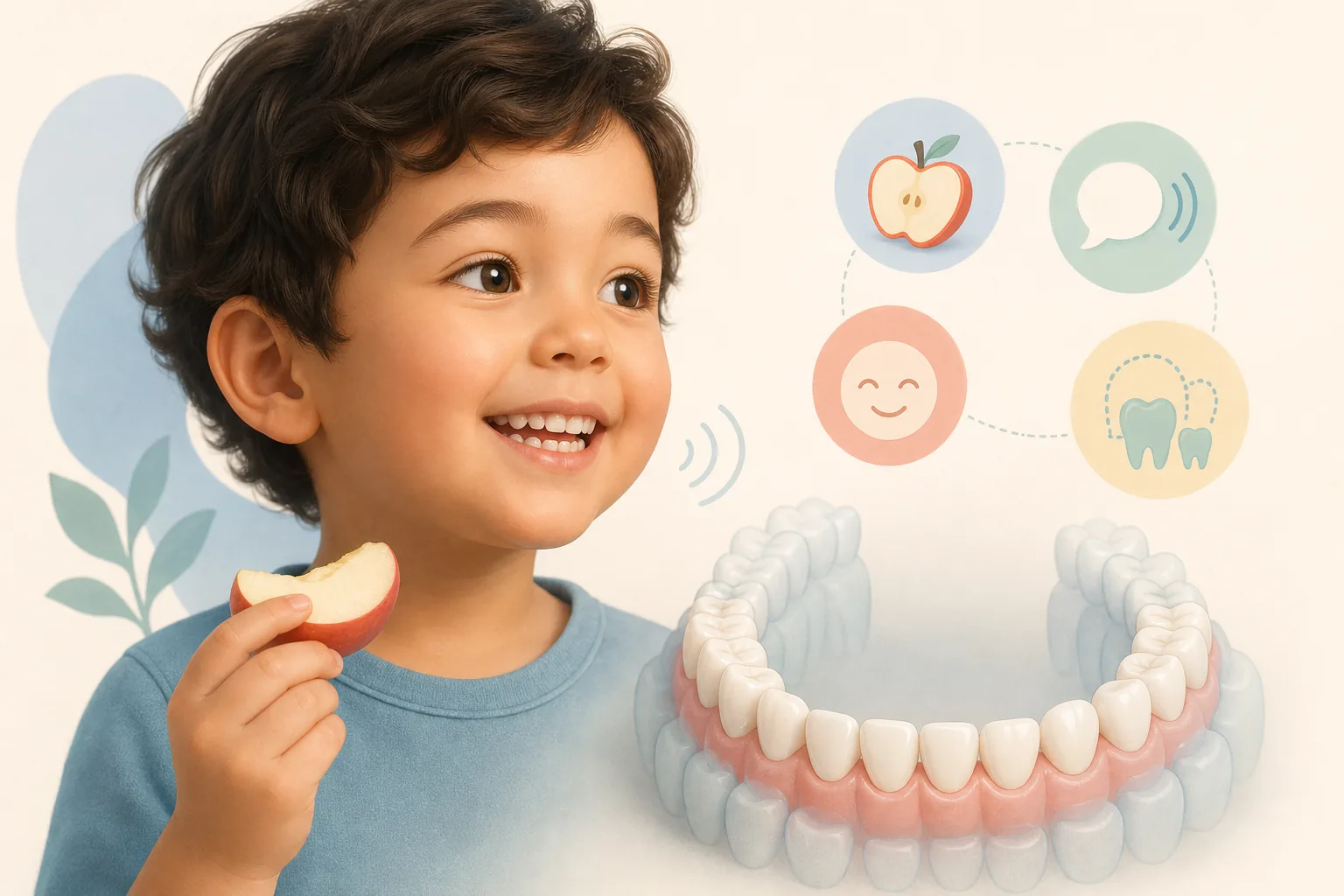 Illustration showing a child eating and speaking beside aligned baby and adult tooth arches, representing comfort and space for growth.