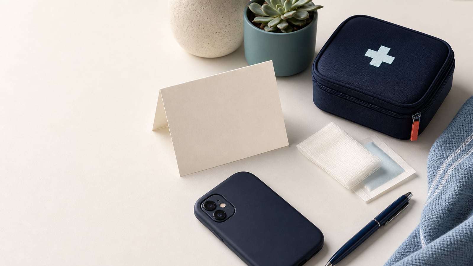 A calm emergency preparation setup with a note card, phone, gauze, and first-aid case.