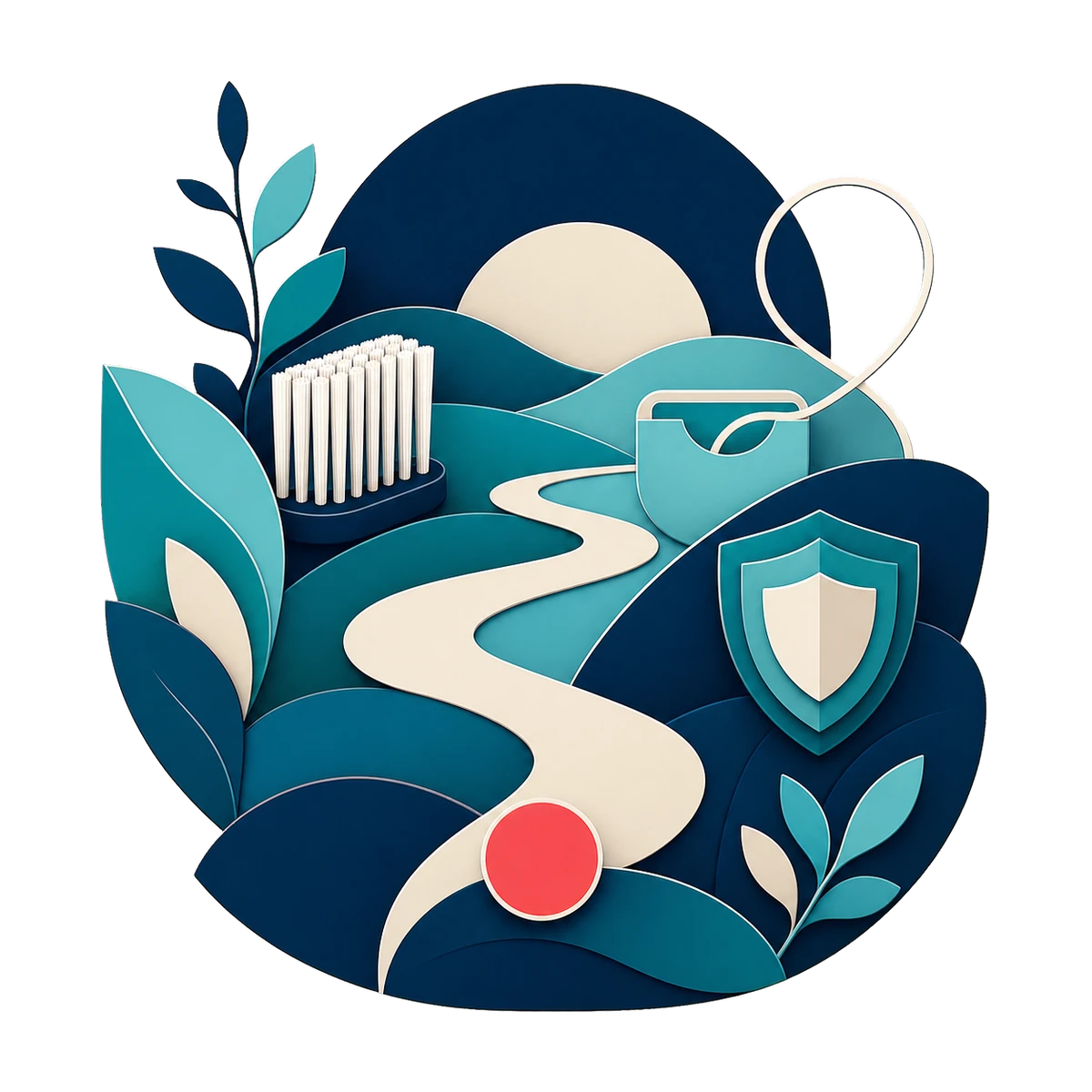 A calm path connecting a toothbrush, everyday routine, and prevention symbols.