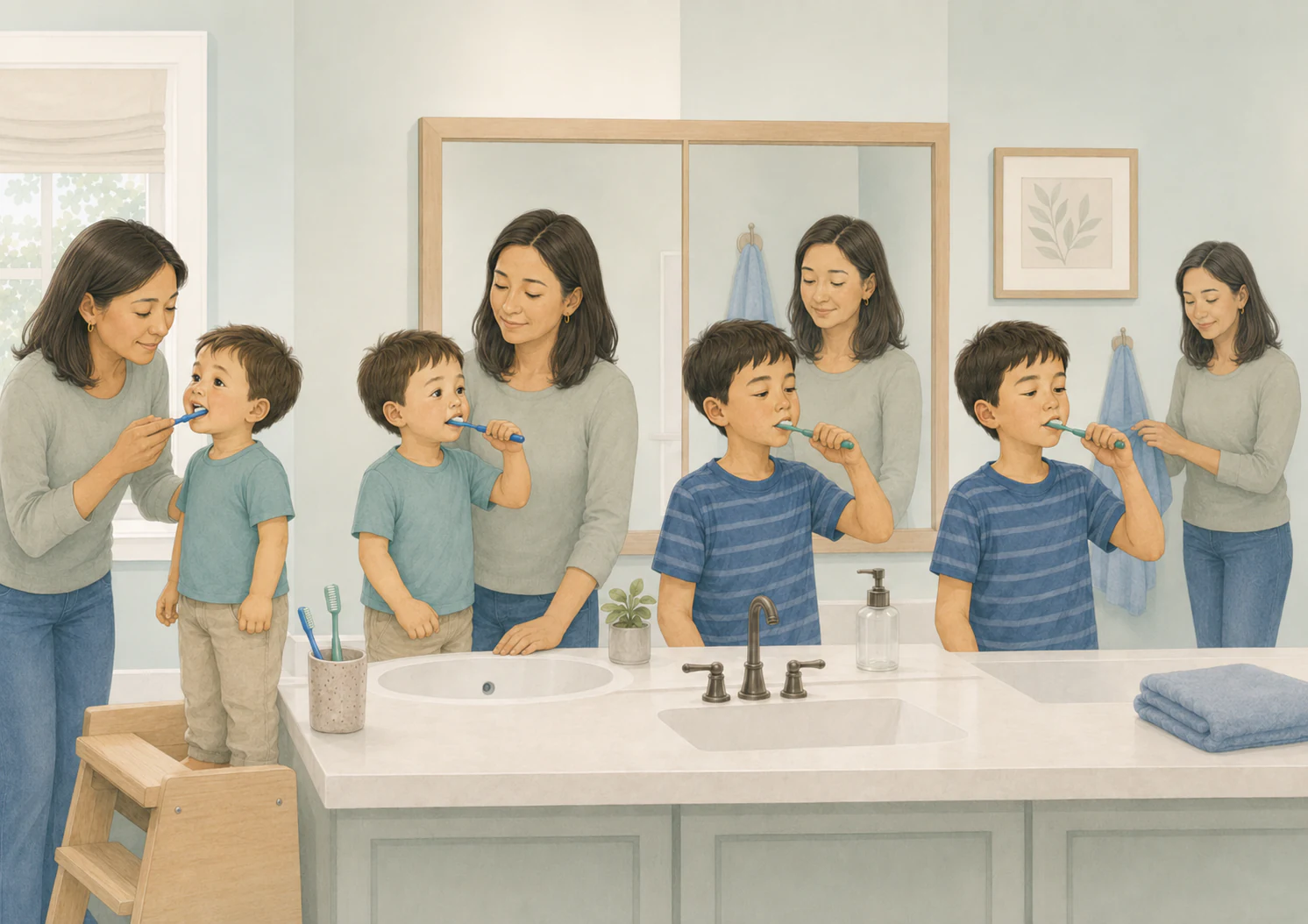 A parent gradually moves from brushing for a young child to supervising an older child's independent routine.